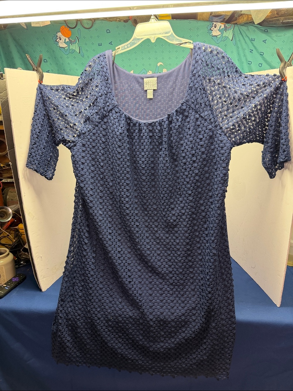 Rabbit Women 20W Navy Crochet Overlay Shift Dress with Short Sleeves